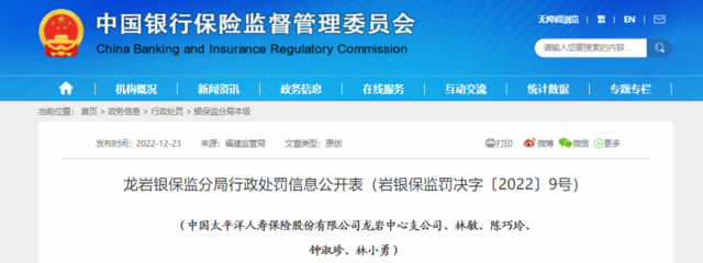 中國(guó)太平洋人壽保險(xiǎn)龍巖中心支公司因代理銷售違規(guī)被罰37.33萬(wàn)元